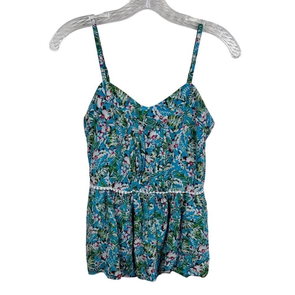 Matilda Jane Blue Floral Tank Top Ruffle Hem Lace Trim Boho Cottagecore Small S